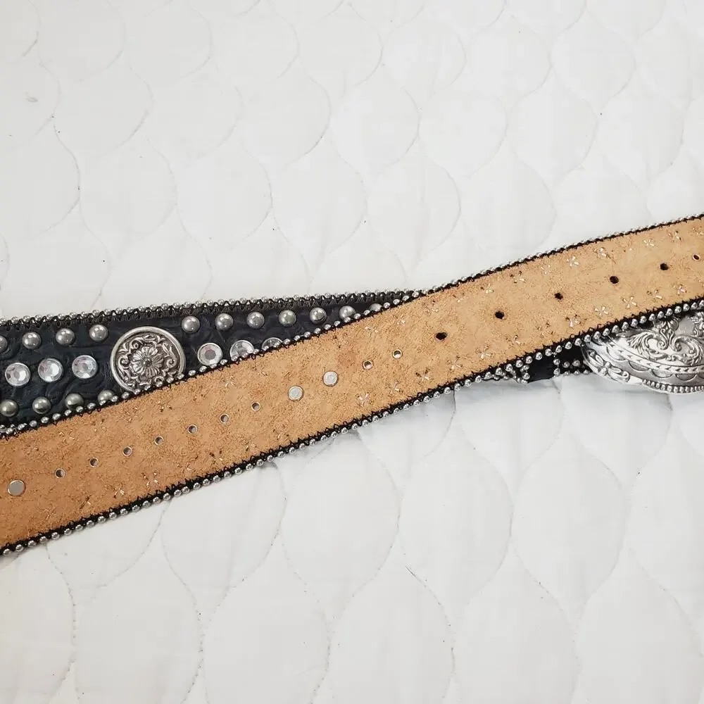 Vintage Women's Leather Belt Detailed Rhinestone Flower Studded Black & Silver